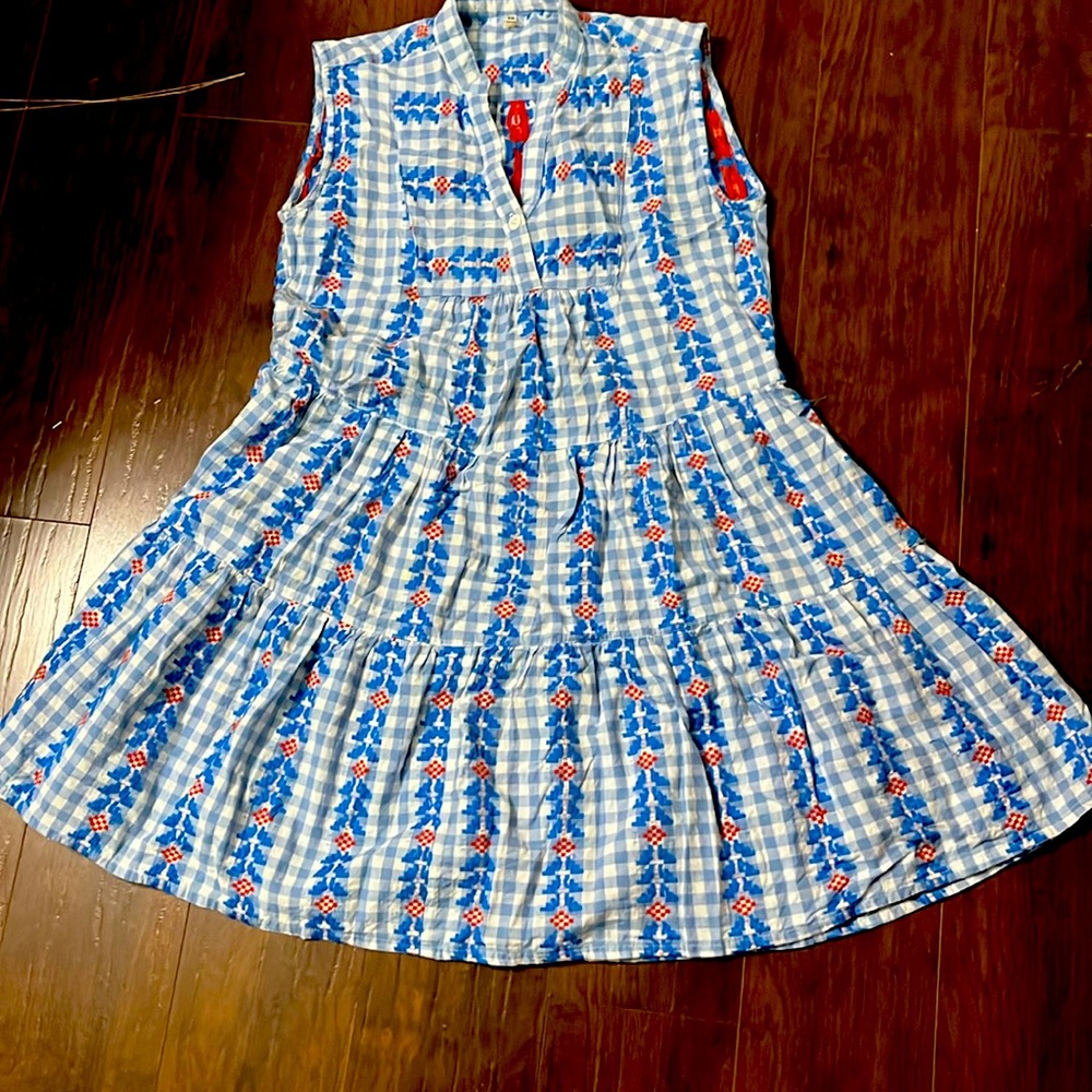 Blue and white sleeveless cotton dress